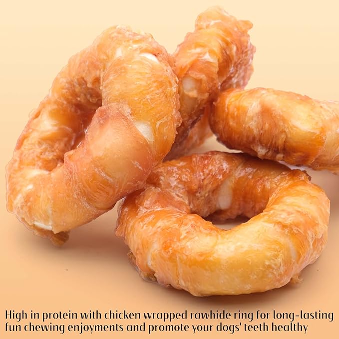 ASMPET Dog Treats Chews, Chicken Wrapped Rawhide Donuts Dental Care Chews for Small Medium Large Breed Aggressive Chewers (Pack of 4)-Mewly Pet