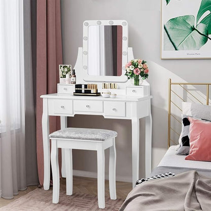 CHARMAID LED Vanity Desk with Lighted Mirror, 10 Dimming Bulbs, 5 Drawers, 3 Storage Organizers, Makeup Vanity Desk with Stool, Bedroom Dressing Table, Gift for Girls Women (White)
