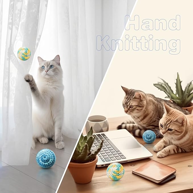 TUSATIY 4PCS Cat Pom Pom Balls,Hand Knitted Rainbow Toys Balls with Bells,Colorful Cat Chew Toys for Indoor Kittens-Mewly Pet