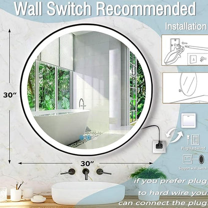 30 Inch Black Framed Round LED Mirror for Bathroom Wall Mounted 30" Black Round Lighted Vanity Mirror with Lights Black Frame Antifog Smart Momery Dimmable 3 Color Frontlights