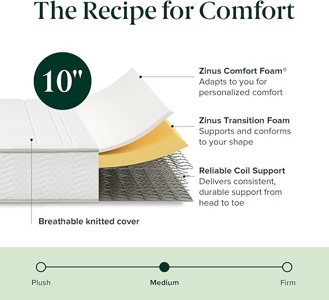 ZINUS 10 Inch Foam and Spring Hybrid Mattress [New Version], Full, Fiberglass Free, Medium Firmness, Durable Support, Certified Safe Foams & Fabric, Mattress in A Box
