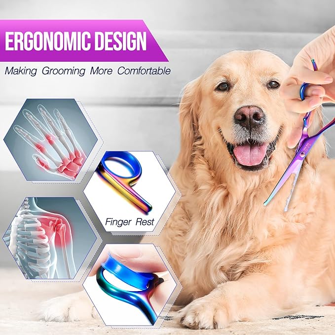 Gimars Dog Grooming Scissors Kit Professional 4CR with Safety Round Tip, 5 in 1 Heavy Duty Titanium Coated Thinning & Curved & Straight Shears-Mewly Pet