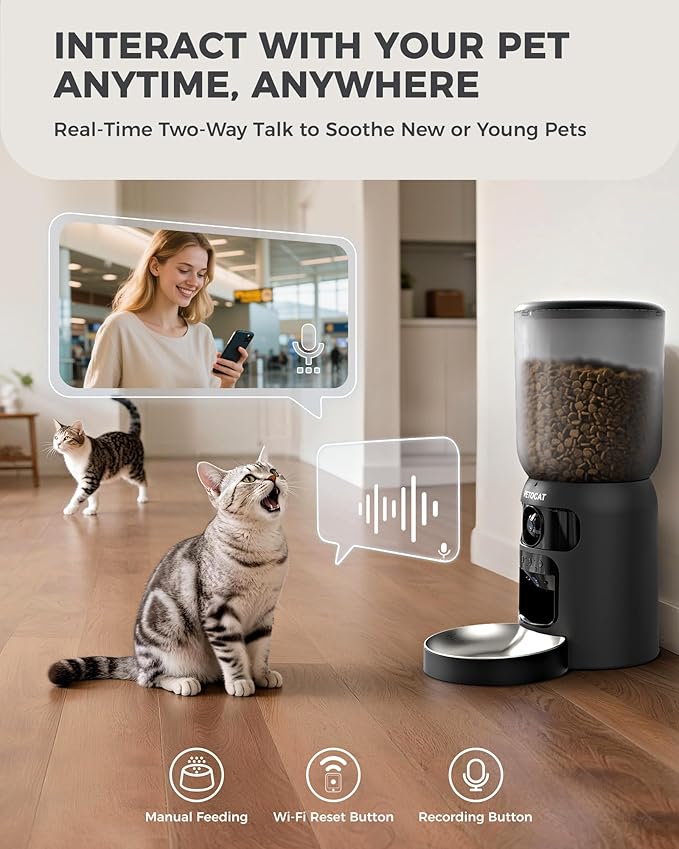 AI Cat Feeder with Dual Cameras (1 Adjustable), 2K HD Night Vision, 5G/2.4G WiFi, 6L Automatic Pet Feeder with APP Control, Laser Interactive Toy, Two-Way Audio & Scheduled Feeding-Mewly Pet
