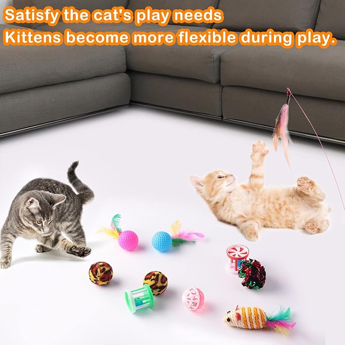 Wettarn 22 Pieces Cat Toys Set, with 2 Collapsible Tunnels for Indoor Cats and 20 Kitten Toys Tubes and Tunnels Interactive Feather Mouse Crinkle Balls for Pets Puppies(Colorful)-Mewly Pet