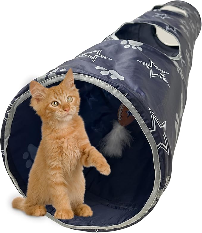 NFL Dallas Cowboys Cat Tunnel Tube Toy with Plush Football Catnip and Feathers Collapsible Tunnel for Cats to Play, Peek and Hide, Sporty & Fun Cat Tunnel Toy with Team Logo All-Over Design!-Mewly Pet