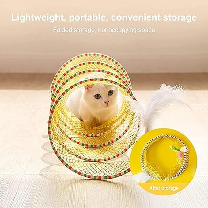 Folded Cat Tunnel Toy for Indoor Cats, 2 PCS Collapsible Pet Spring Cat Toys with Feather Mouse Upgrade Interactive Toy Playing Tent for Puppy Kitten Accessories Home-Mewly Pet
