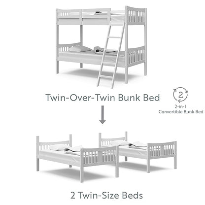 Storkcraft Caribou Bunk Bed Twin Over Twin Bunk Bed (White) - GREENGUARD Gold Certified, Twin Bunk Beds for Kids, Converts to 2 Individual Twin Beds, Bunk Beds for Kids