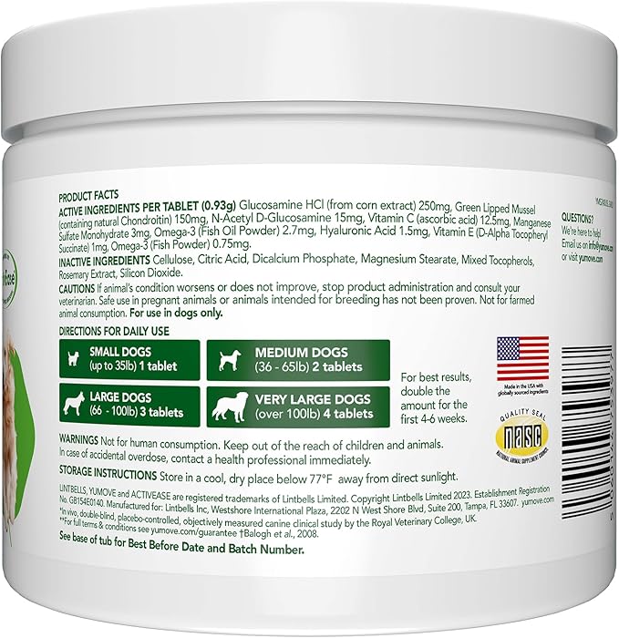 Yumove Hip & Joint Supplement for Dogs - with Glucosamine Chondroitin, Omega 3, Hyaluronic Acid, Green Lipped Mussel & Fish Oil for Dogs - Senior Dog Joint Supplement (240ct Chewable Tablets)-Mewly Pet