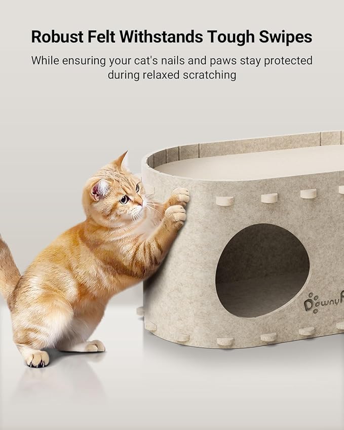 DownyPaws Cat House for Indoor Cats, Cat Bed Cave for Multiple & Large Cats Up to 22 Lbs, Scratch Resistant, Foldable Peekaboo Kitten Caves Tunnel Enclosed Bed, PeekaPurr, Cream-Mewly Pet