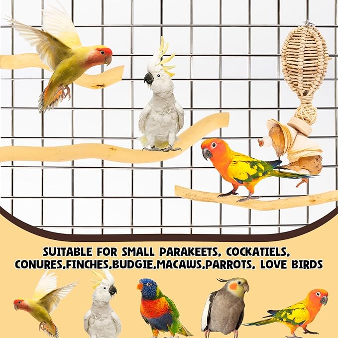 3Pcs Bird Toys Perch Stand for Cage, Natural Parrot Toys, Small Chewing Sticks Toys Bird Cage Accessories for Conures Parakeets Cockatoo African Grey Parrots (3PCS)-Mewly Pet