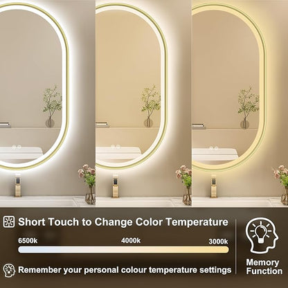 S'bagno Oval-Led-Bathroom-Mirror with Golden Frame Dimmable Brightness, Lghted-Bathroom-Mirror with Defogger, Touch-Buttons, Lights Color Changing, Vertical and Horizontal