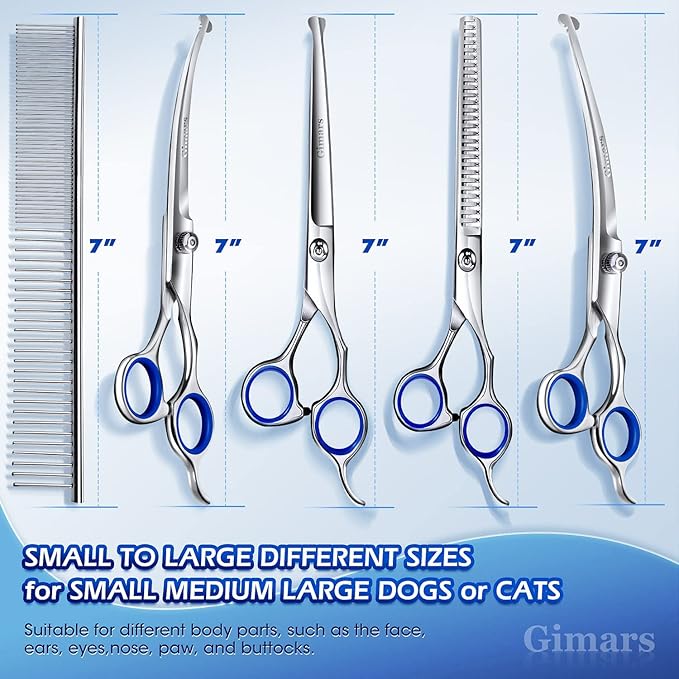 Gimars 7.0in Professional 4CR Stainless Steel Safety Round Tip 6 in 1 Dog Grooming Scissors Heavy Duty Titanium Coated Pet Grooming Scissor for Dogs, Cats and Other Animals-Mewly Pet