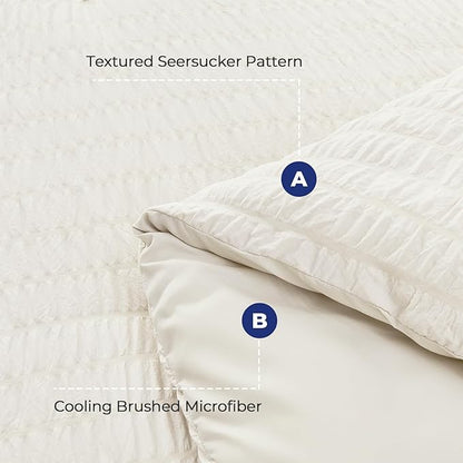 HYMOKEGE Ivory Queen Comforter Set Seersucker 7 Pieces, All Season Luxury Bed in a Bag for Bedroom, Bedding Set with Comforters, Sheets, Pillowcases & Shams