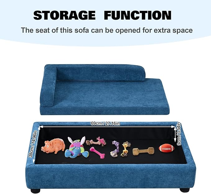 AFBKSS&BB Pet Sofa with Hidden Storage for Puppy and Cat,Linen Fabric Dog Sofa,Cat Couch with Wooden Frame (Blue)-Mewly Pet
