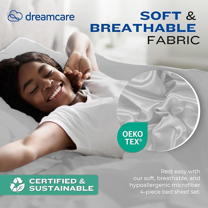 DREAMCARE Queen Sheet Set – 4 pcs Cooling Sheets – up to 21” Extra Deep Pocket Queen Sheets – Hotel Luxury Sheets & Pillowcases – Superior Softness 100% Fine Microfiber with Side Pocket – Light Gray