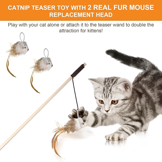 Cat Feather Toys with Catnip Ball, Feathers & Bell - 2 Replaceable Mouse Heads, Elastic Rope & Wooden Handle for Aggressive Kittens, Durable Bite-Proof Interactive Cat Teaser for Indoor Play-Mewly Pet