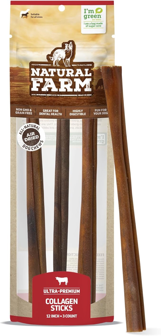 Natural Farm Odor-Free Collagen Chews (12 Inch, 3 Pack), Long Lasting Bully Sticks & Rawhide Alternative Dog Treats, 95% Collagen Low Fat, High Protein Best Dental Dog Treats – Medium & Large Dogs-Mewly Pet