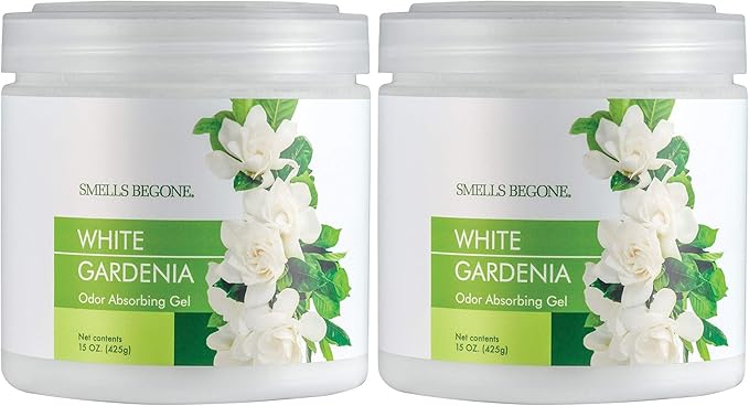 SMELLS BEGONE Air Freshener Odor Absorber Gel - 15 oz, Pack of 2 - Absorbs and Eliminates Odor in Pet Areas, Bathrooms, Cars, & Boats - Made with Essential Oils - White Gardenia Scent-Mewly Pet