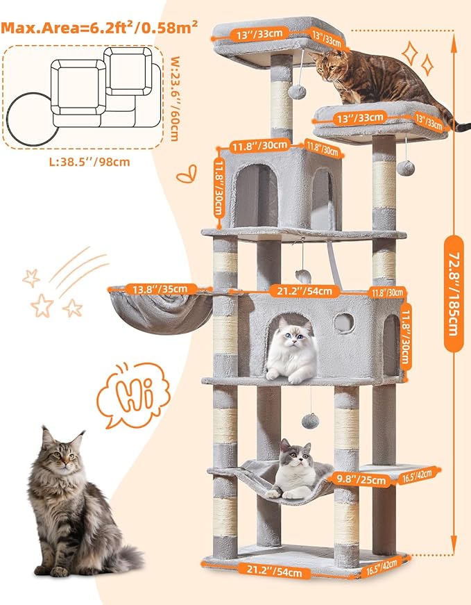 Taoqimiao Large Cat Tree，73-Inch Cat Tree Tower with 9 Scratching Posts for Indoor Cats, 2 Large Cat Condo with Hammock, Hanging Basket, 2 Extended Platform, Light Gray MS013XLW-Mewly Pet