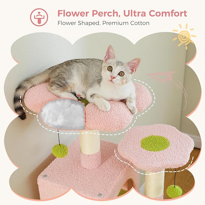 PAWZ Road Cat Tree, 53.5 Inches Tall Cat Tower with Spacious Hammocks, Condos and Scratching Posts, Cat House with Dual Padded Perches for Indoor Large Cats-Pink-Mewly Pet