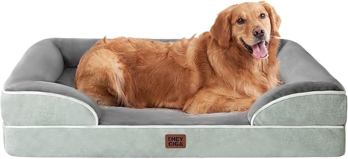 EHEYCIGA Orthopedic Dog Beds for Large Dogs, Waterproof Memory Foam Large Pet Bed with Sides, Non-Slip Bottom and Egg-Crate Foam Dog Couch Bed with Washable Removable Cover, Greyish Green-Mewly Pet