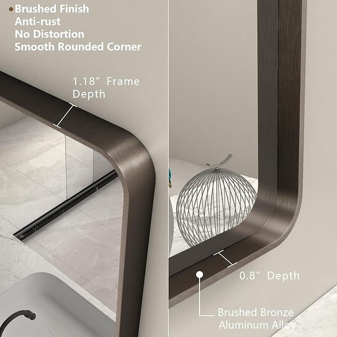 60x30 Bronze Bathroom Mirror for Wall, Brushed Metal Bronze Framed Bathroom Vanity Mirror, Rounded Rectangle Mirror, Shatterproof, Anti-Rust (Horizontal/Vertical)