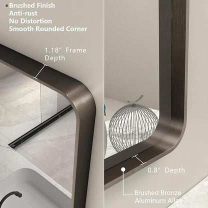 60x30 Bronze Bathroom Mirror for Wall, Brushed Metal Bronze Framed Bathroom Vanity Mirror, Rounded Rectangle Mirror, Shatterproof, Anti-Rust (Horizontal/Vertical)