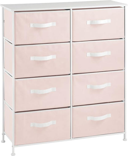 mDesign 38.31" High Steel Frame/Wood Top Storage Dresser Furniture, 8 Fabric Drawers, Large Bureau Organizer for Baby, Kid, Teen Bedroom, Nursery, Playroom, Dorm, Jane Collection, Pink/White