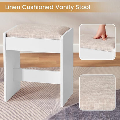 Quimoo 48" Large Vanity Desk with Mirror & Lights, Makeup Vanity Table with 6 Drawers & Power Outlet, 4 Open Storage Shelves, Vanity Desk Set with Stool, for Women Girls, White