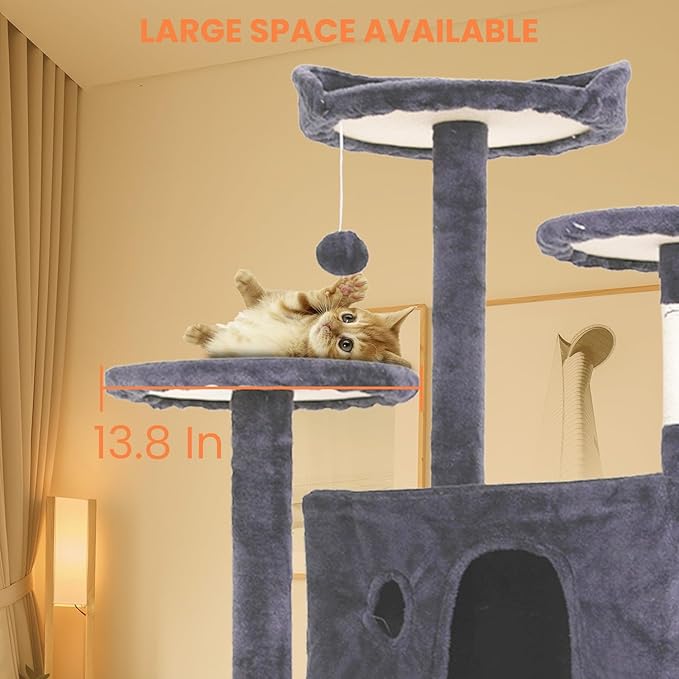 54.7 inches Cat Tower for Indoor Cats Multi-Level Cat Condos for Cat Tree Cat Climbing Tower with Scratching Posts, Hanging Toys,Ashy-Mewly Pet