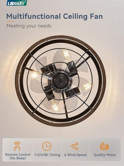 LEDIARY 16.5in Caged Ceiling Fan with Light, Fandelier Industrial Ceiling Fan with Remote, Rustic Metal Fan Lights Ceiling Fixtures for Kitchen, Farmhouse, Bedroom（6 Speed,1/2/4/8h Timing）-Brown