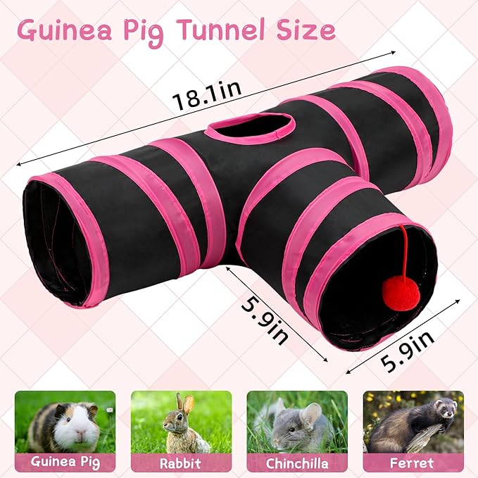 Rypet Guinea Pig Tunnel, 3 Way Collapsible Rabbit Tunnel, Small Pet Tunnels and Tubes with Interactive Ball for Rabbit Ferret Hamster Chinchilla Hedgehog Hiding and Resting-Mewly Pet