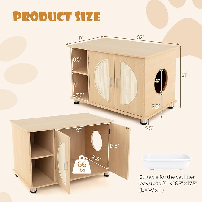 Tangkula Litter Box Enclosure, Hidden Cat Washroom with Storage Shelf, Sisal Scratching Doors, Adjustable Metal Feet, Modern Cat Litter Cabinet Storage Bench, Enclosed Litter Box Furniture (Natural)-Mewly Pet