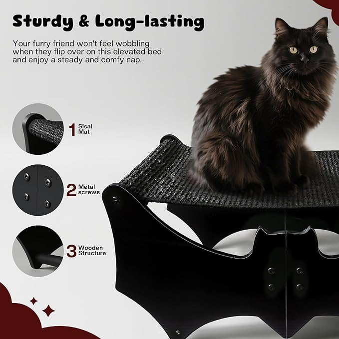Halloween Gothic Cat Bed with Bat Design, Wooden Elevated Cat Beds with Sisal Scratching Mat, Cats Scratcher Bed with Removable Fluffy Cushion, Raised Pet Bed for Large Cats, 22" L x 17.7" W, Black-Mewly Pet