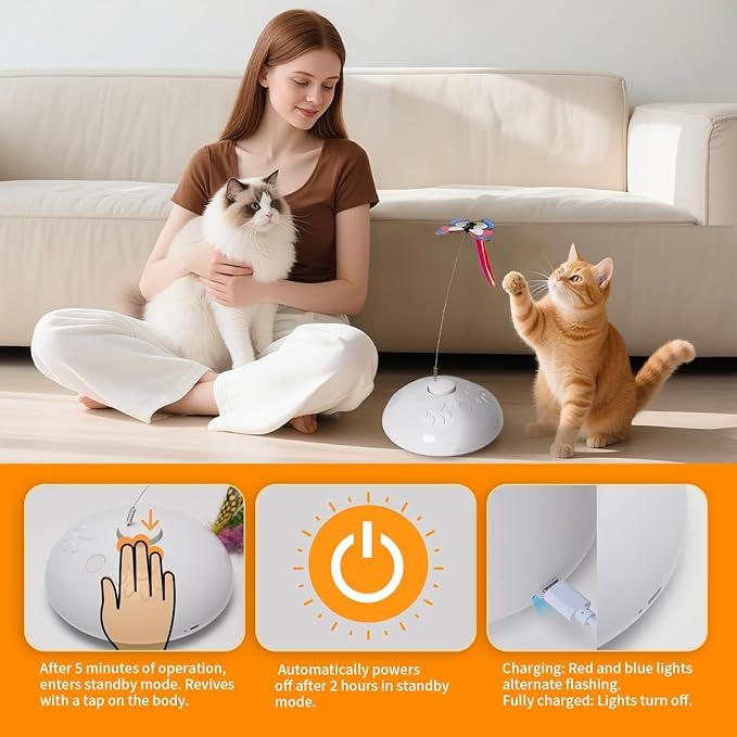 Cat Toy 3in1 Automatic Interactive Wand Toy for Indoor Cats,Moving Butterfly&Glowing Feathers Speedy Tail,Rechargeable Cat Enrichment Toys for Kittens-Mewly Pet