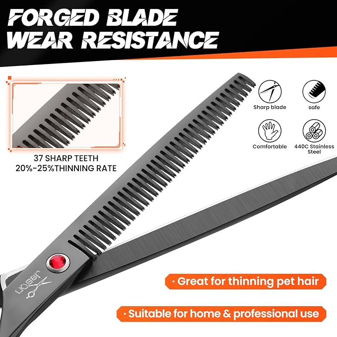 JASON 7.5" Dog Grooming Scissor - Professional Thinning Shear with 37 Teeth Japanese Stainless Steel Blender Scissors for Dogs, Cats and Other Pets (Thinning, Black)-Mewly Pet