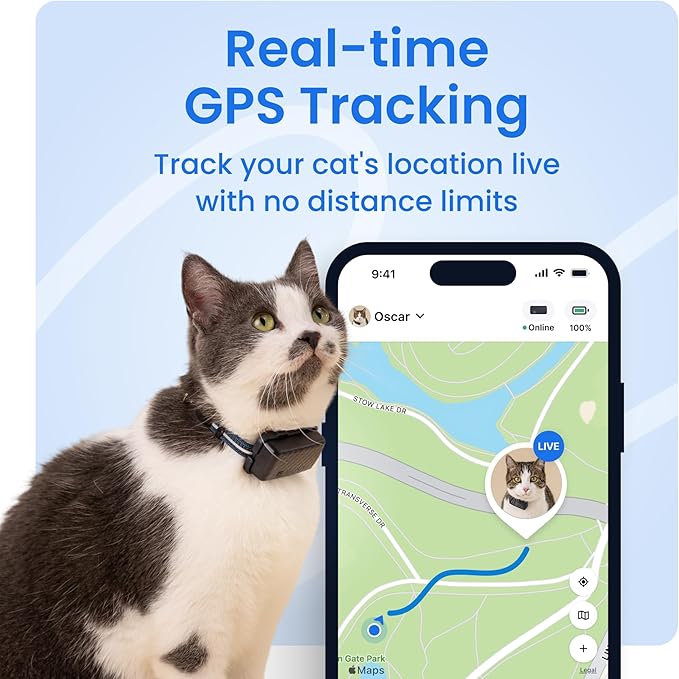 Tractive Smart Cat GPS Tracker | Real-Time Location & Wellness Monitoring for Cats 6.5 lbs+ | Territory & Location History | Up to 5-Day Battery | Breakaway Collar Included (Dark Blue)-Mewly Pet