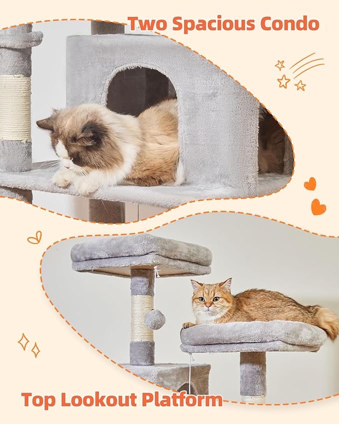 Taoqimiao 66-Inch Cat Tree Cat Tower for Indoor Cats, Plush Multi-Level Cat Condo with 7 Scratching Posts, 2 Perches, 2 Caves, Hammock, 2 Pompoms MS013W Light Gray-Mewly Pet
