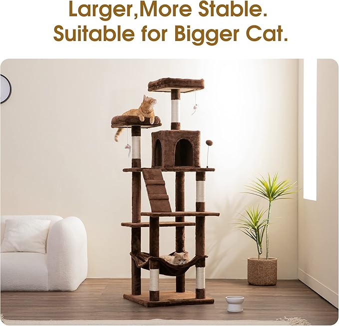 MWPO 70.1-Inch Large Cat Tree, Multi-Level Tall Cat Tower for Indoor Cats, Plush Cat Condo with Big Padded Perches, Sisal-Covered Scratching Posts, Hammock, Toys for Kittens & Cats - Brown-Mewly Pet