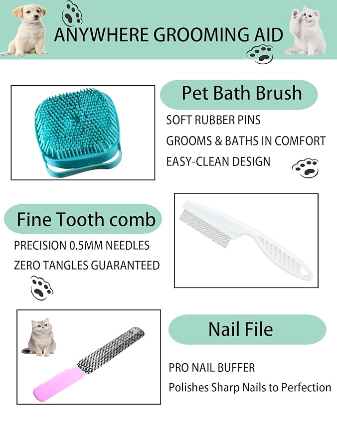 6ps Dog Cat Brush Grooming Kitf, Dog Cat Brushes, Bath Brush, Dematting Rake and Comb, Nail Clipper, Nail File, Flea Comb (Pink 6 Kits)-Mewly Pet
