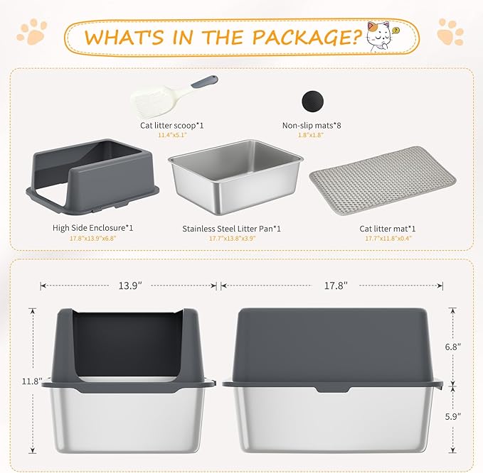 Stainless Steel cat Litter Box, Covered Metal Litter Box, cat Litter Pans with high Sides, Kitty Litter Boxes for Indoor Cats (Non Sticky, Easy to Clean, Anti-Urine Leakage) 17.5" L x 13.5" W x 6" H-Mewly Pet