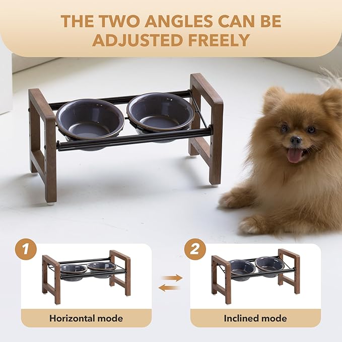 5.5inch Ceramic Adjustable Raised Double Bowls Set with Stand, 3 Heights Elevated, 2 Placement Options, Food and Water Dishes for Puppy, Cats（Double Bowls+Stand, Reactived Glaze -Grey-Mewly Pet