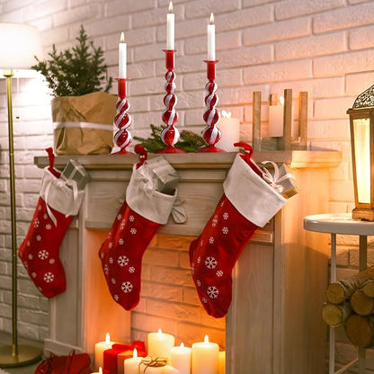 Mumufy 3 Pcs Red and White Christmas Glass Candlestick Holders Christmas Ball Glass Taper Candle Holder Stick Decor for Xmas Holiday Wedding Home Table Centerpiece