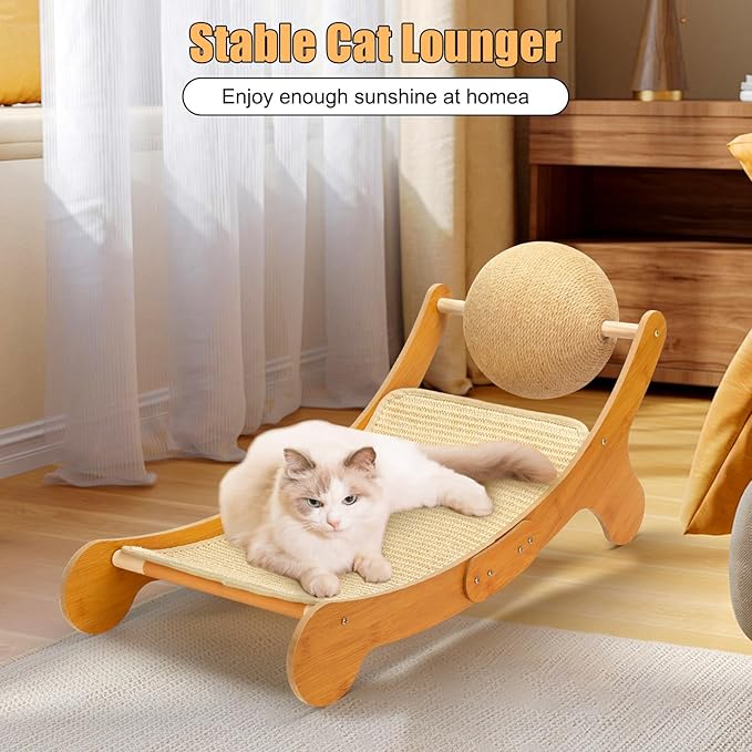 Outamateur Sisal Cat Scratcher Bed, Cat Hammock Chair, 3 in 1 Cats Scratcher Lounge, Cats Mini Beach Chair with Toy Ball, Pet Beds with Removable Sisal Pad for Indoor Small Animal, Puppy, Rabbit-Mewly Pet
