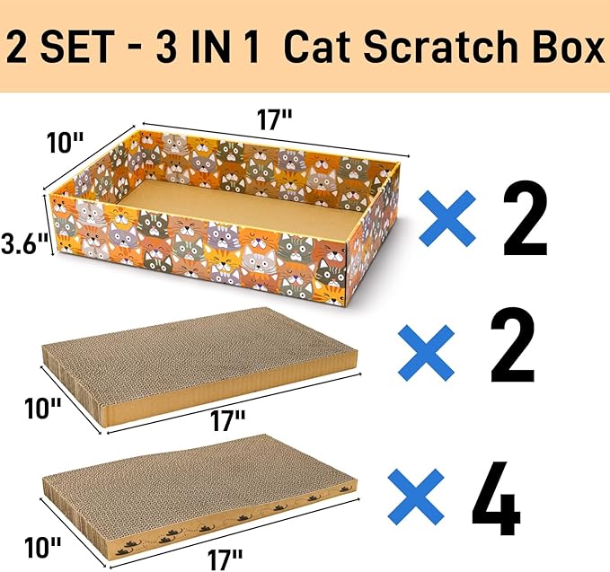 Set of 2 Cardboard Cat Scratchers, 6 Pcs Corrugated Cat Scratch Pad with 2 Boxes, Cute Reversible Kitty Sofa Bed, Refillable Wave Shaped Lounge, Interactive Kitten Toy for Indoor Cats-Mewly Pet