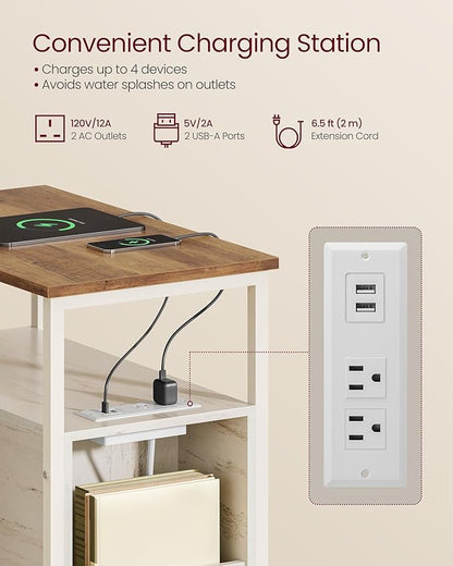 VASAGLE Side End Table with Charging Station, Slim Nightstand with 2 Drawers, Narrow Bedside Table for Living Room, Small Spaces, Honey Brown and Rustic White ULET321W01S