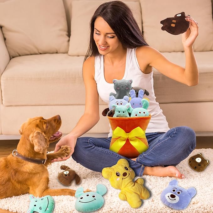 Squeaky Dog Toys, 11 Pcs Interactive Dog Plush Toy Collection in Flower Bouquet Packaging,10 Adorable Animal Plushies for Endless Play & Training-Mewly Pet