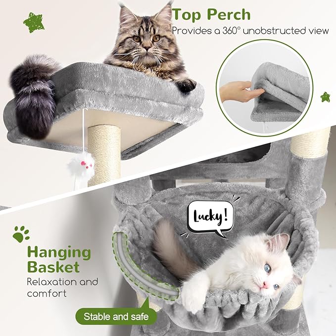 Globlazer Extra Large Cat Tower, 81-inch Tall Cat Tree for Big Cats 20 lbs, XXL Heavy Duty Cat Scratching Tower for Indoor Adult Cats with 3 Cat Condos, 8 Scratching Posts, F81, Light Grey-Mewly Pet