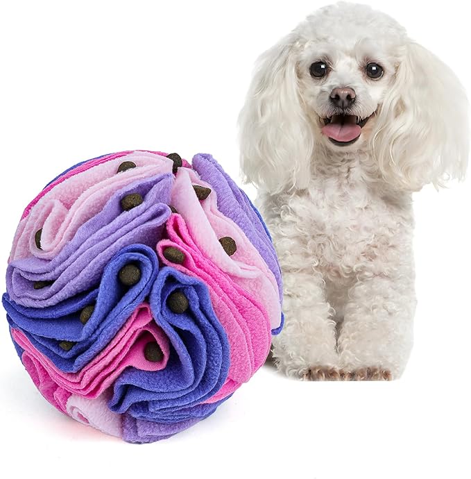 Pet Snuffle Ball, Puzzle Sniffing Interactive Dog Ball for Blind Dogs Training Stress Relief Dog Enrichment Toys Treat Machine Washable (Pink and Purple, 10cm)-Mewly Pet