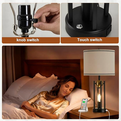 25'' Farmhouse Table Lamps for Living Room Set of 2 with USB C+A Ports, Vintage Bedside Lamp for Bedroom, Touch Lamps for Nightstand, Dual Lights Independent Switch, 4 Bulbs Included, Gold